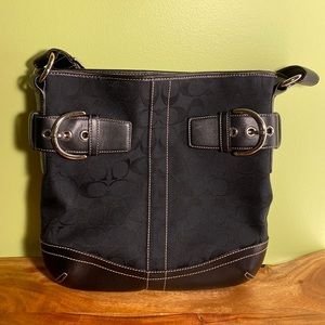 Navy Coach Cloth Signature Shoulder Bag with Leather Trim